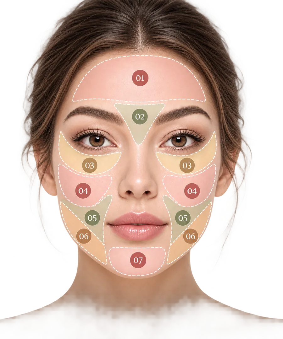 Mapa facial con las 7 zonas numeradas